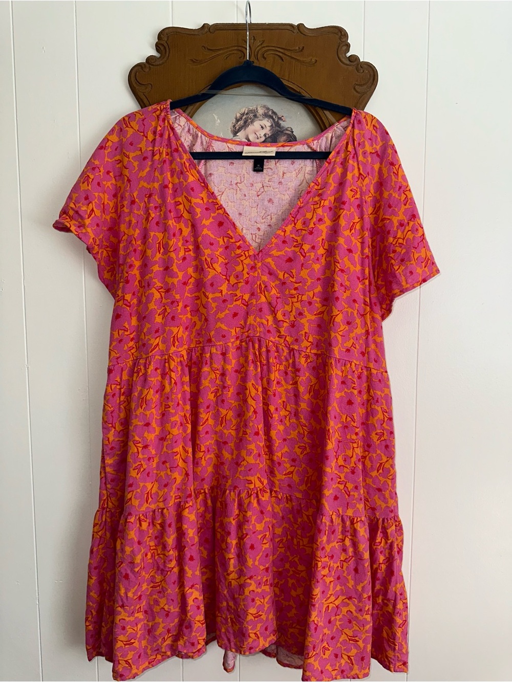 Universal Thread Pink and Orange Floral V-Neck Tiered Dress